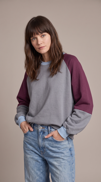 Load image into Gallery viewer, Colour Block Grey/Burgundi Pullover
